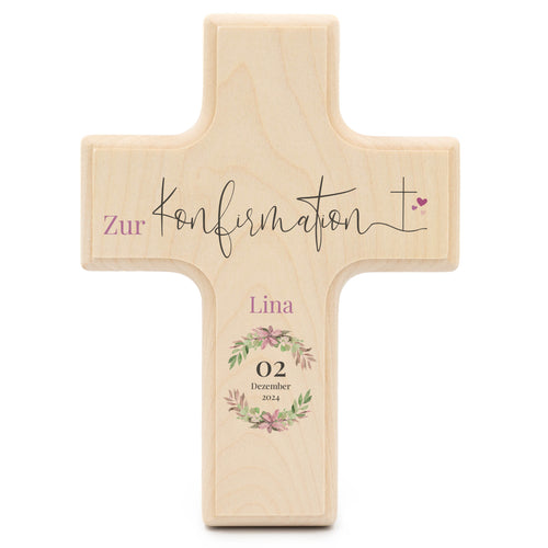 Holzkreuz zur Konfirmation personalisiert Kranz Rosa - Geschenkfreude