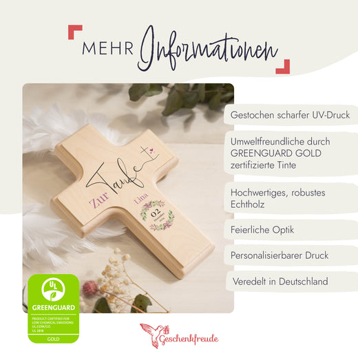 Taufkreuz Personalisiert - Kinderkreuz Taufe Kranz Rosa - Geschenkfreude
