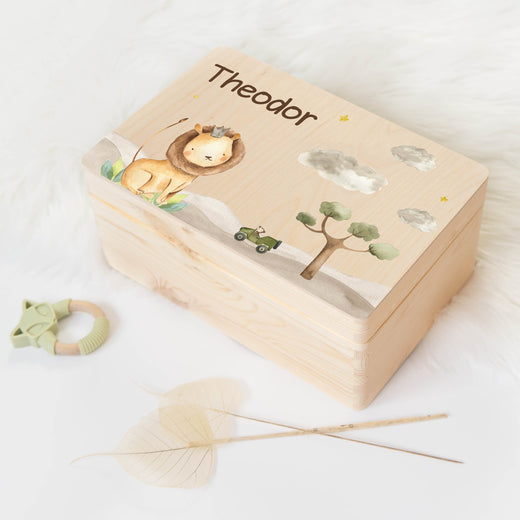 Erinnerungsbox mit Safarimotiv Löwe und Affe - Geschenkfreude