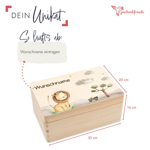 Erinnerungsbox mit Safarimotiv Löwe und Affe - Geschenkfreude