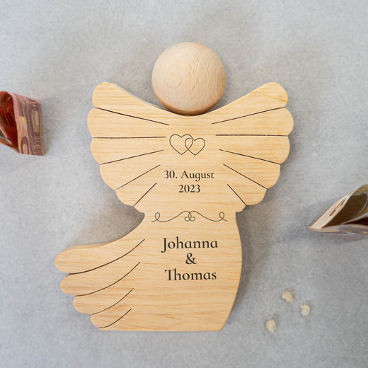 Geldgeschenk zur Hochzeit mit Gravur - Holzengel Paar - Geschenkfreude