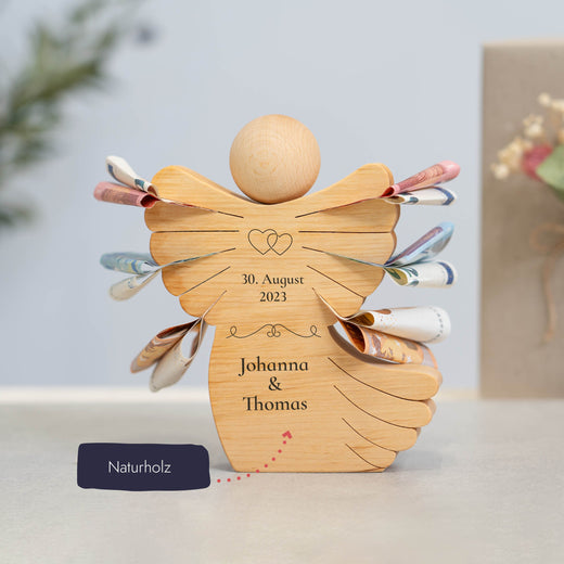 Geldgeschenk zur Hochzeit mit Gravur - Holzengel Paar - Geschenkfreude