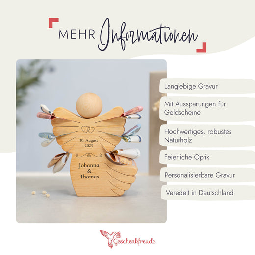 Geldgeschenk zur Hochzeit mit Gravur - Holzengel Paar - Geschenkfreude