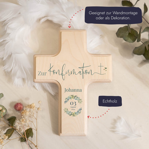 Holzkreuz zur Konfirmation personalisiert Kranz - Geschenkfreude