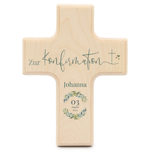 Holzkreuz zur Konfirmation personalisiert Kranz - Geschenkfreude