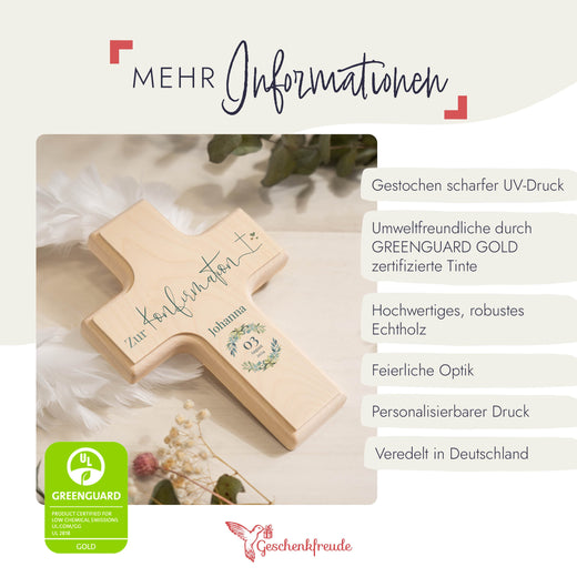 Holzkreuz zur Konfirmation personalisiert Kranz - Geschenkfreude