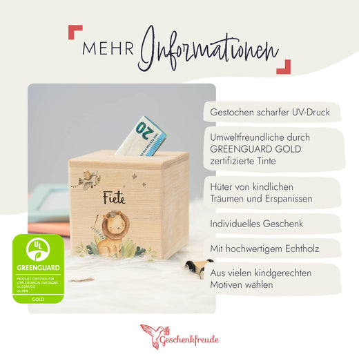 Holzspardose für Kinder Motiv Löwe - Geschenkfreude