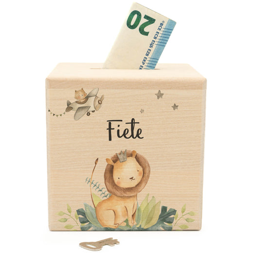 Holzspardose für Kinder Motiv Löwe - Geschenkfreude