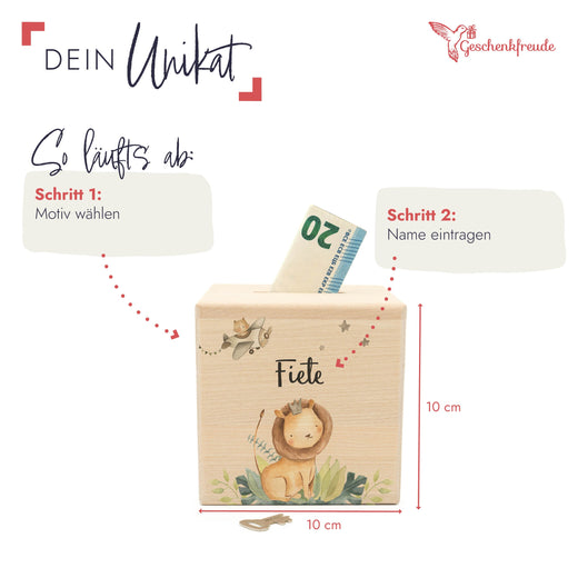 Holzspardose für Kinder Motiv Löwe - Geschenkfreude