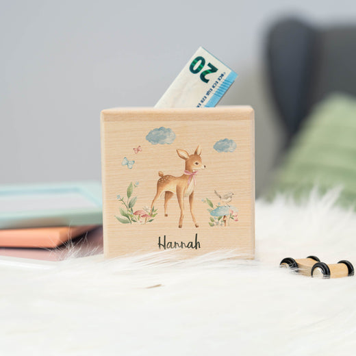 Holzspardose für Kinder Motiv Reh - Geschenkfreude