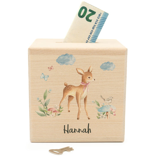Holzspardose für Kinder Motiv Reh - Geschenkfreude