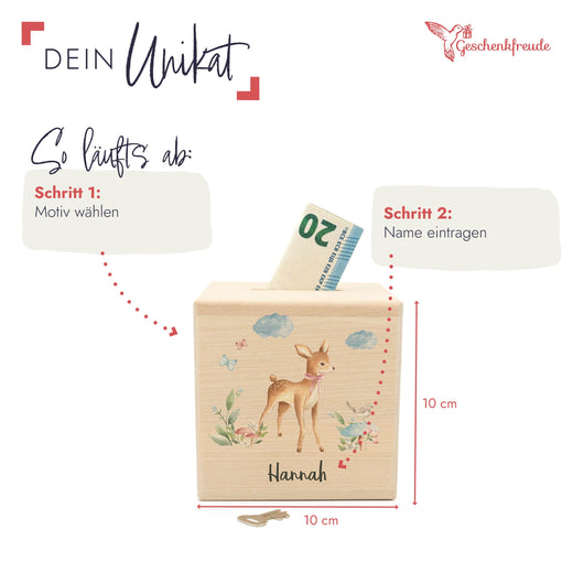Holzspardose für Kinder Motiv Reh - Geschenkfreude