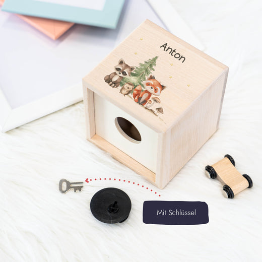 Holzspardose für Kinder Motiv Waldtiere - Geschenkfreude