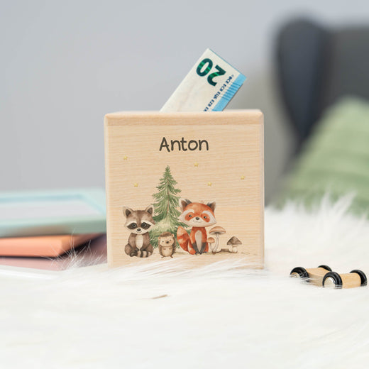 Holzspardose für Kinder Motiv Waldtiere - Geschenkfreude
