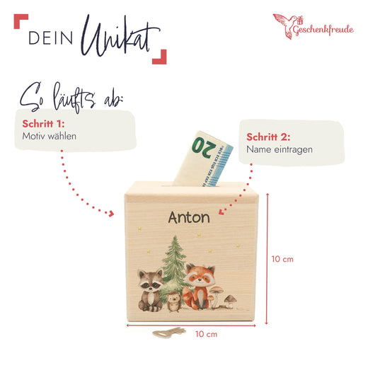 Holzspardose für Kinder Motiv Waldtiere - Geschenkfreude