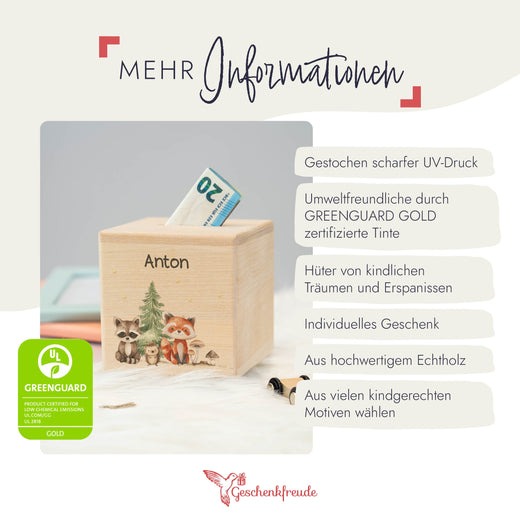 Holzspardose für Kinder Motiv Waldtiere - Geschenkfreude