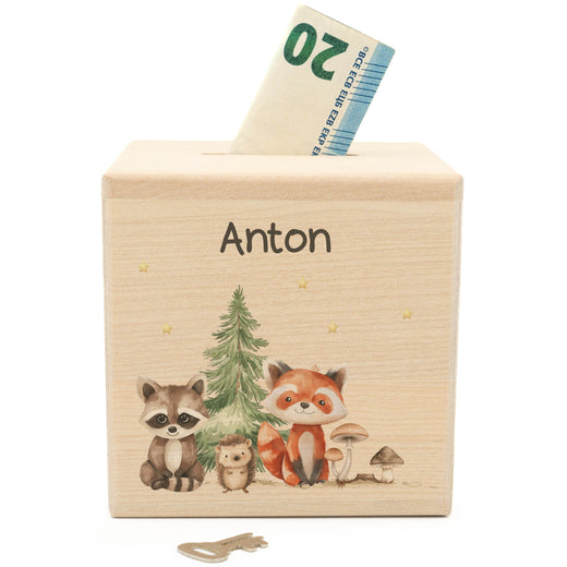 Holzspardose für Kinder Motiv Waldtiere - Geschenkfreude