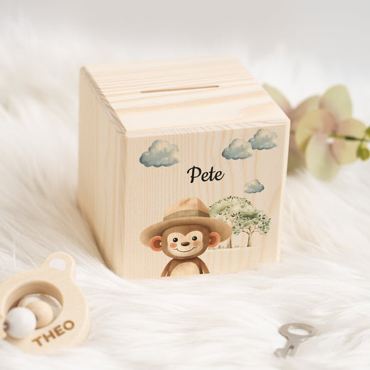 Holzspardose für Kinder Safari-Motiv Affe - Geschenkfreude