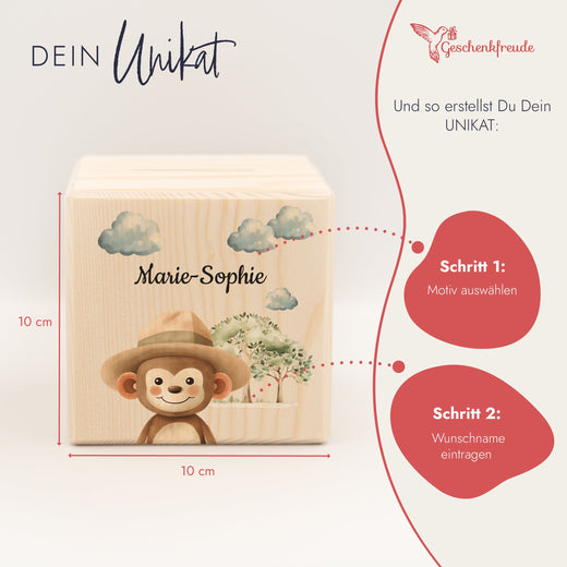 Holzspardose für Kinder Safari-Motiv Affe  - Geschenkfreude