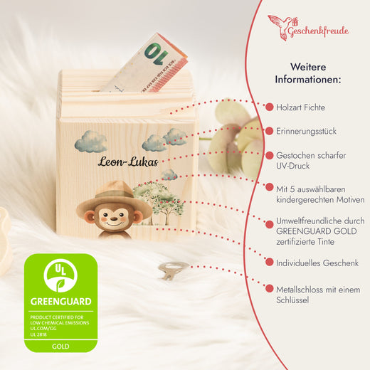 Holzspardose für Kinder Safari-Motiv Affe - Geschenkfreude