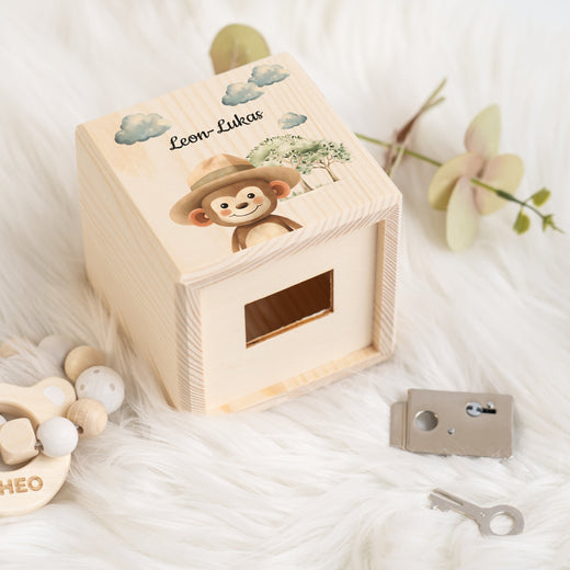 Holzspardose für Kinder Safari-Motiv Affe - Geschenkfreude