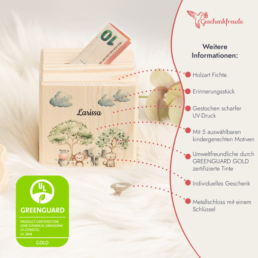 Holzspardose für Kinder Safari-Motiv Afrika - Geschenkfreude