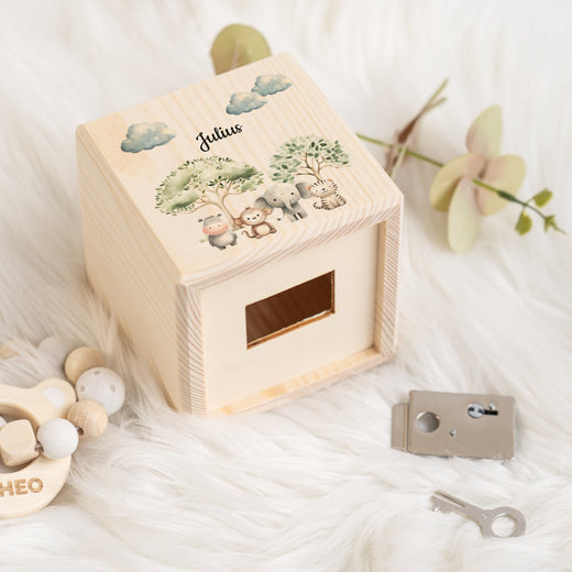 Holzspardose für Kinder Safari-Motiv Afrika - Geschenkfreude