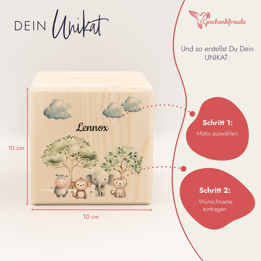 Holzspardose für Kinder Safari-Motiv Afrika - Geschenkfreude