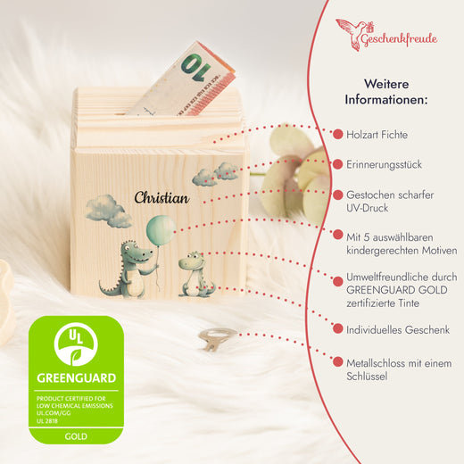 Holzspardose für Kinder Safari-Motiv Krokodile - Geschenkfreude