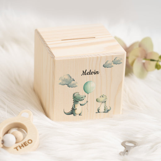 Holzspardose für Kinder Safari-Motiv Krokodile - Geschenkfreude