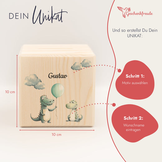 Holzspardose für Kinder Safari-Motiv Krokodile - Geschenkfreude