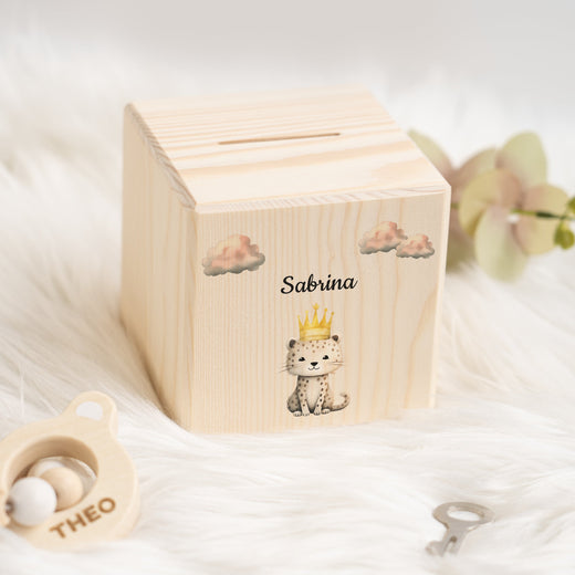 Holzspardose für Kinder Safari-Motiv Leopard - Geschenkfreude