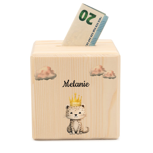 Holzspardose für Kinder Safari-Motiv Leopard - Geschenkfreude