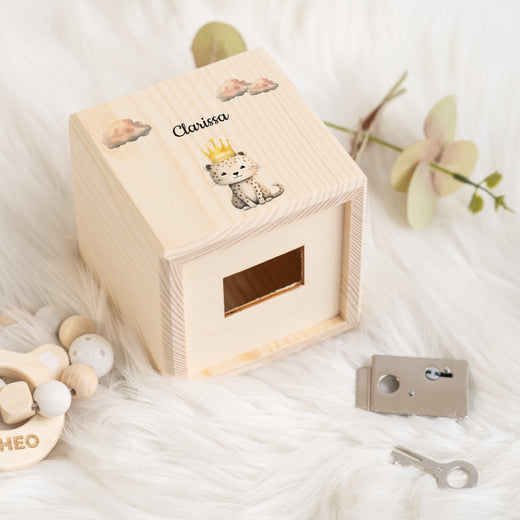 Holzspardose für Kinder Safari-Motiv Leopard - Geschenkfreude