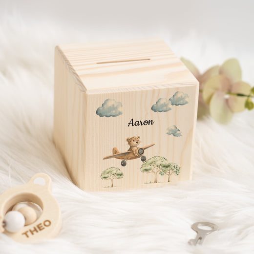 Holzspardose für Kinder Safari-Motiv Leopard Flugzeug - Geschenkfreude