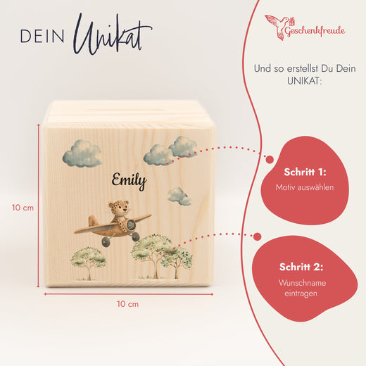 Holzspardose für Kinder Safari-Motiv Leopard Flugzeug - Geschenkfreude