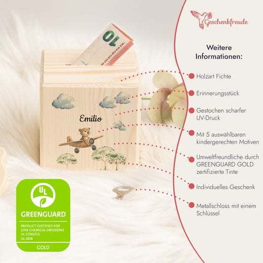 Holzspardose für Kinder Safari-Motiv Leopard Flugzeug - Geschenkfreude