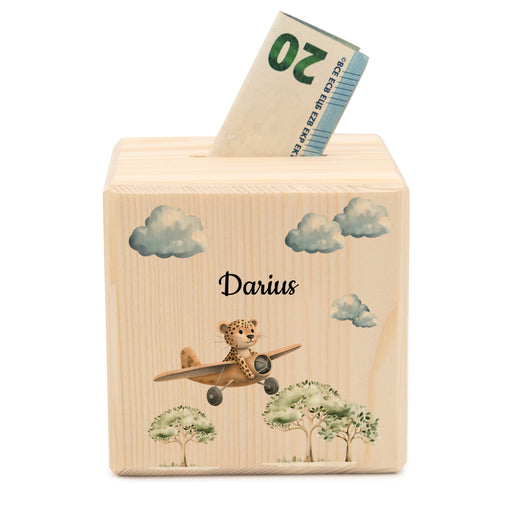 Holzspardose für Kinder Safari-Motiv Leopard Flugzeug - Geschenkfreude