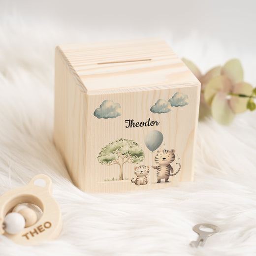 Holzspardose für Kinder Safari-Motiv Tiger - Geschenkfreude