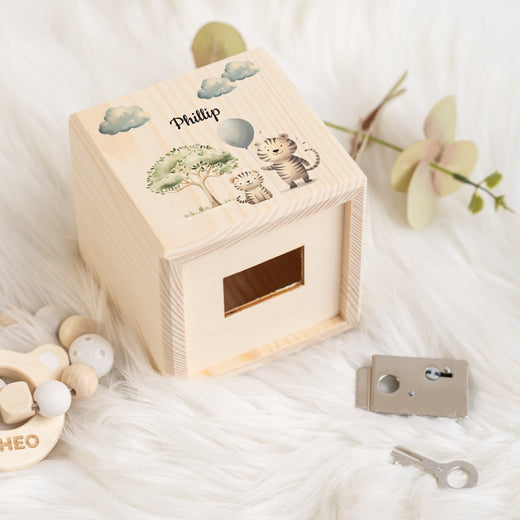 Holzspardose für Kinder Safari-Motiv Tiger - Geschenkfreude