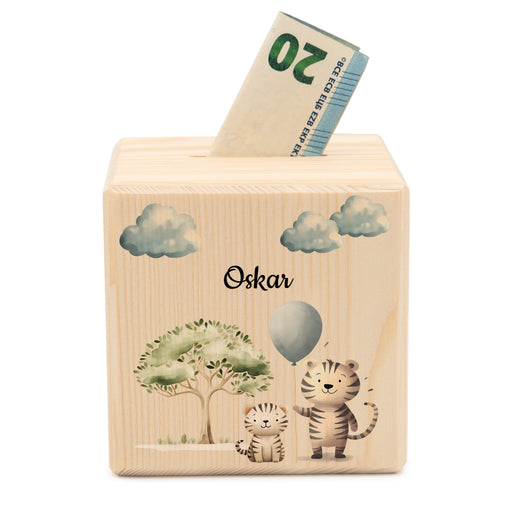 Holzspardose für Kinder Safari-Motiv Tiger - Geschenkfreude