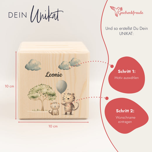 Holzspardose für Kinder Safari-Motiv Tiger - Geschenkfreude