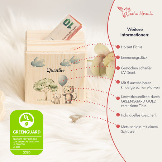 Holzspardose für Kinder Safari-Motiv Tiger - Geschenkfreude