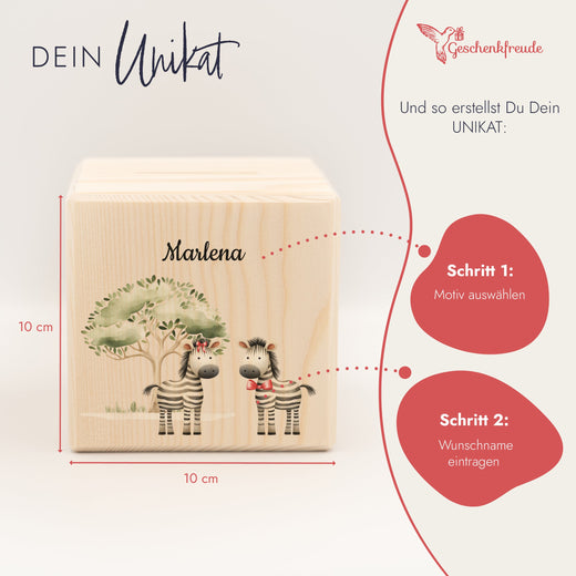 Holzspardose für Kinder Safari-Motiv Zebra - Geschenkfreude