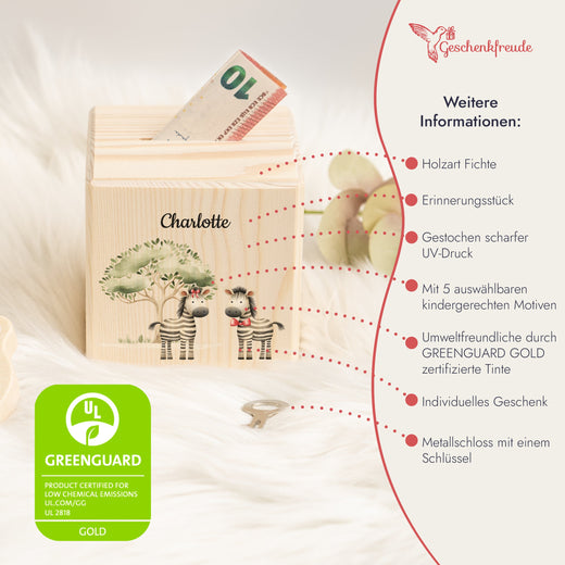 Holzspardose für Kinder Safari-Motiv Zebra - Geschenkfreude
