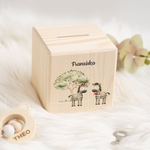 Holzspardose für Kinder Safari-Motiv Zebra - Geschenkfreude