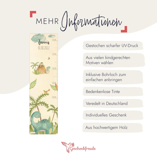 Personalisierte Messlatte Kinder Holz - Motiv Dino - Geschenkfreude