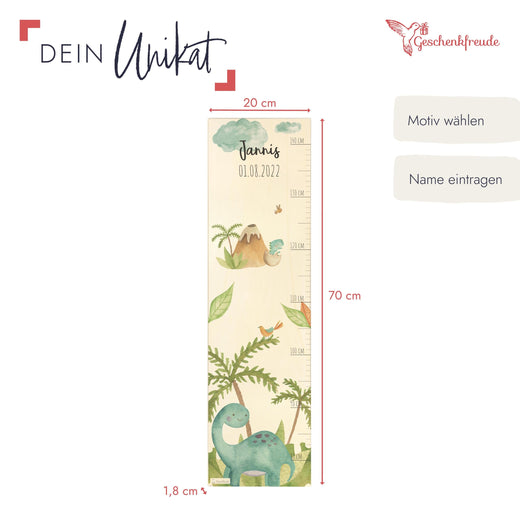 Personalisierte Messlatte Kinder Holz - Motiv Dino - Geschenkfreude