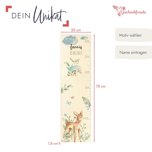 Personalisierte Messlatte Kinder Holz - Motiv Reh - Geschenkfreude