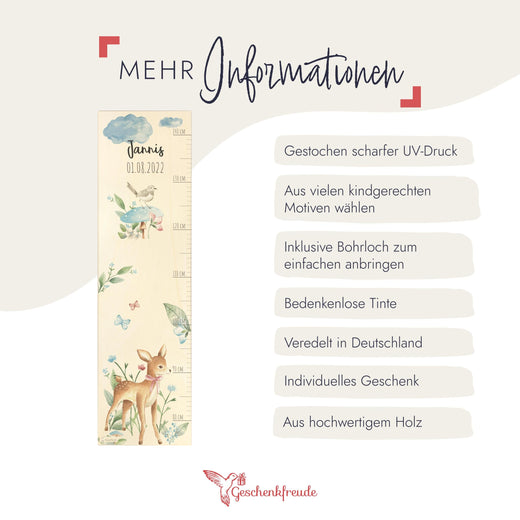 Personalisierte Messlatte Kinder Holz - Motiv Reh - Geschenkfreude